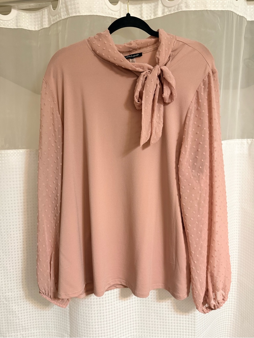 Cable & Gauge Dusty Rose Tie-Neck Blouse with Textured Sleeves 3x